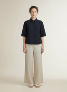 Full body view of the model wearing Red Button Nora Blouse Pinstripe Darkblue