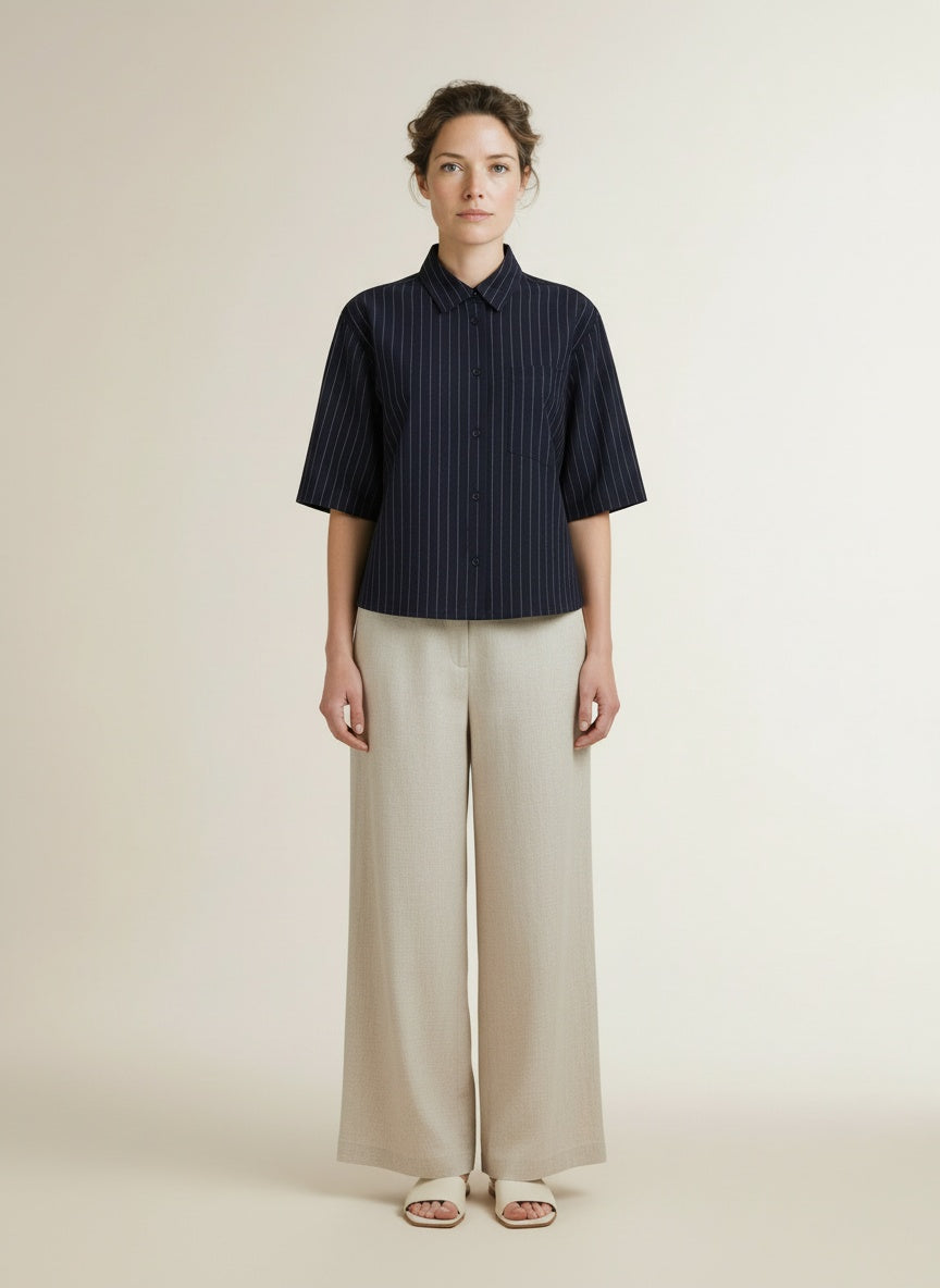Full body view of the model wearing Red Button Nora Blouse Pinstripe Darkblue