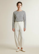 Full body view of the model wearing Red Button Terry Stripe Creme/navy