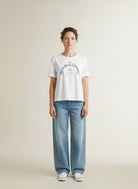 Full body view of the model wearing Red Button Terry Sweater Chestprint Offwhite/darkblue