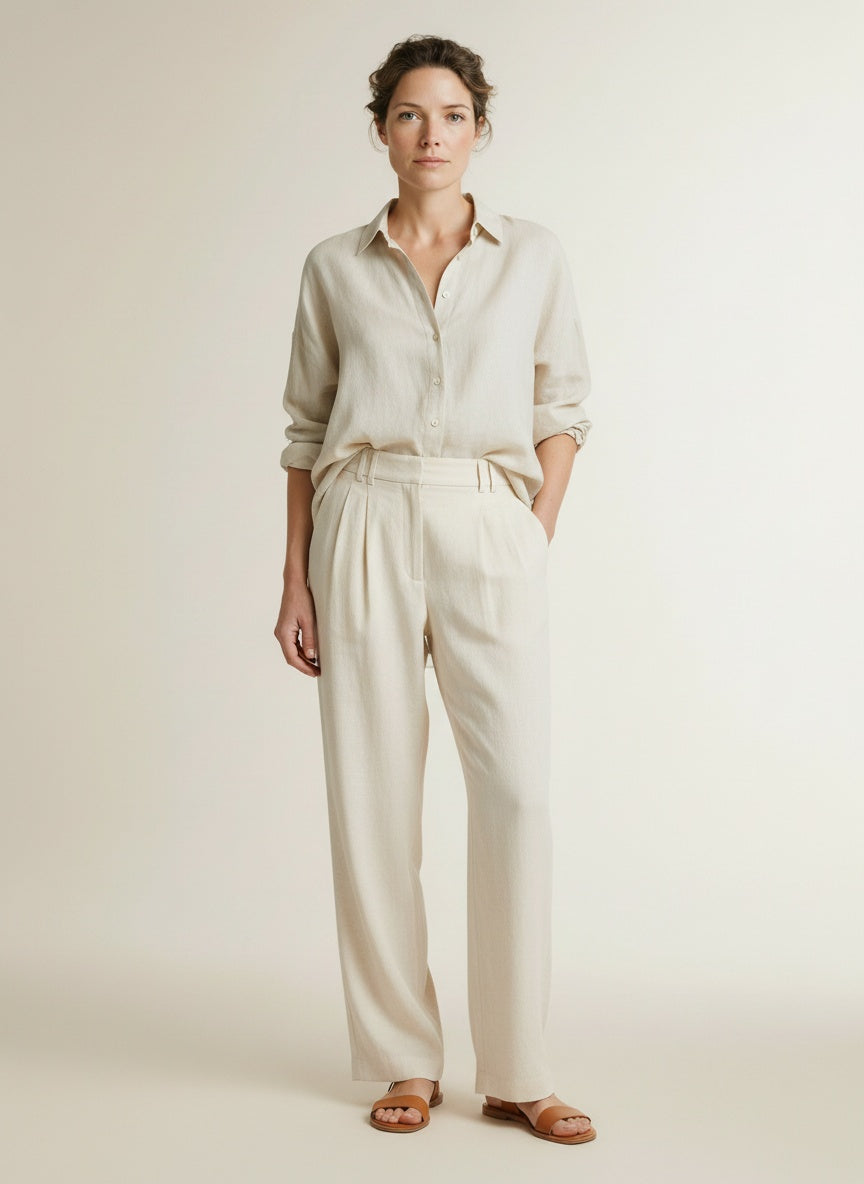 Full body view of the model wearing Yaya Woven Trousers With Wide Legs L32 Cloud Creme White