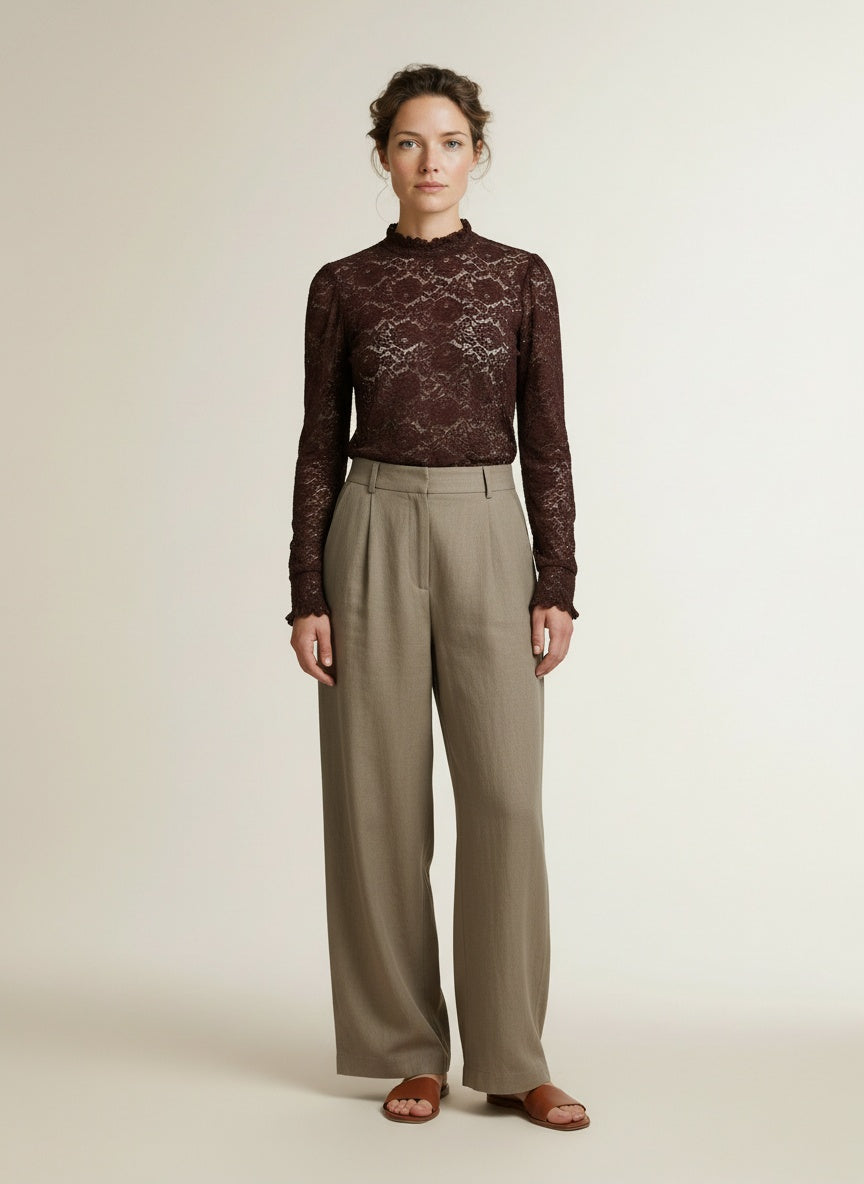Full body view of the model wearing Yaya Lace Top With High Neck Bitter Chocolate Red