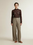 Full body view of the model wearing Yaya Lace Top With High Neck Bitter Chocolate Red