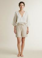 Full body view of the model wearing Red Button Cami Short Linen/visco Pinstripe Pebble