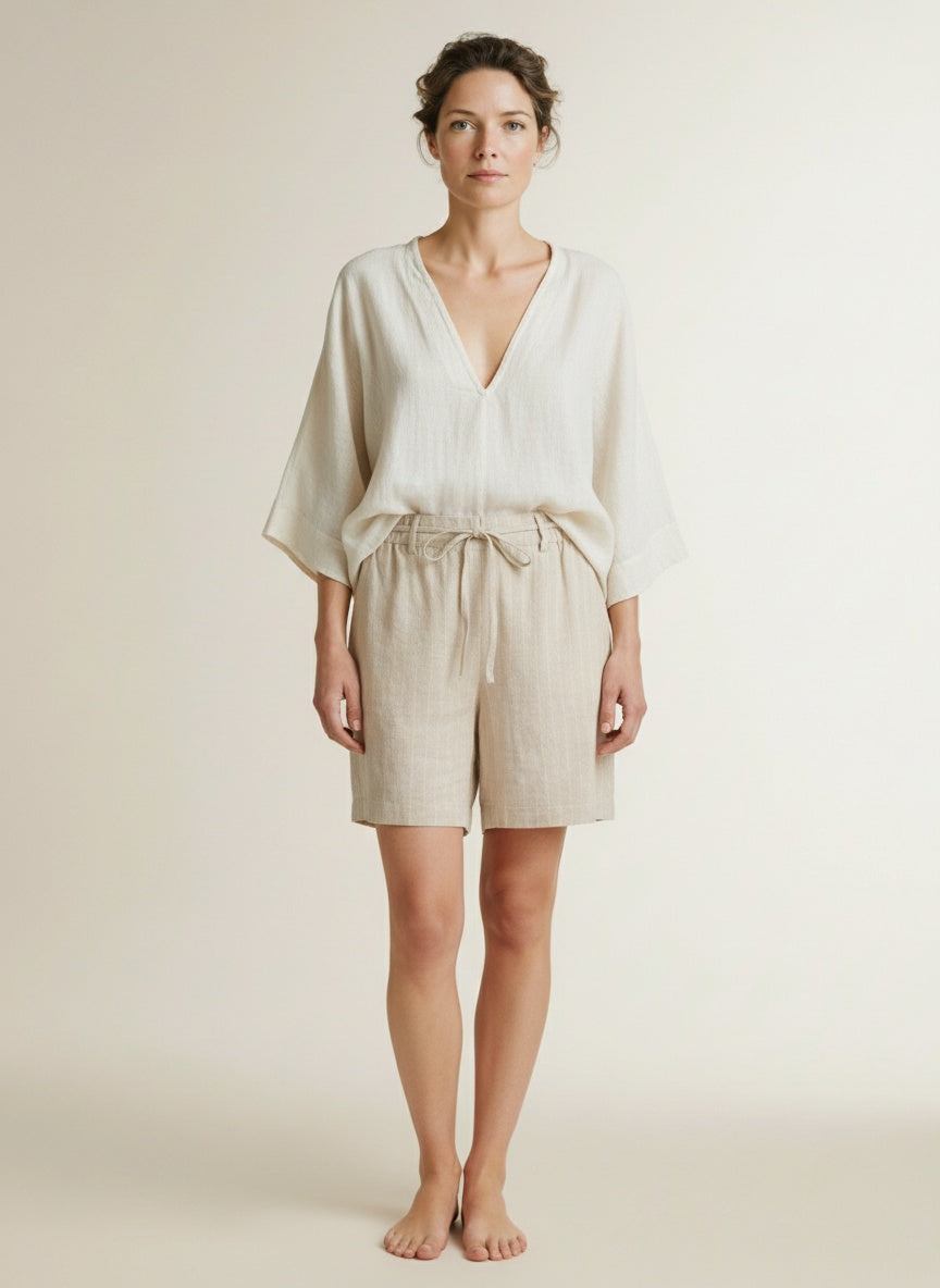 Full body view of the model wearing Red Button Cami Short Linen/visco Pinstripe Pebble