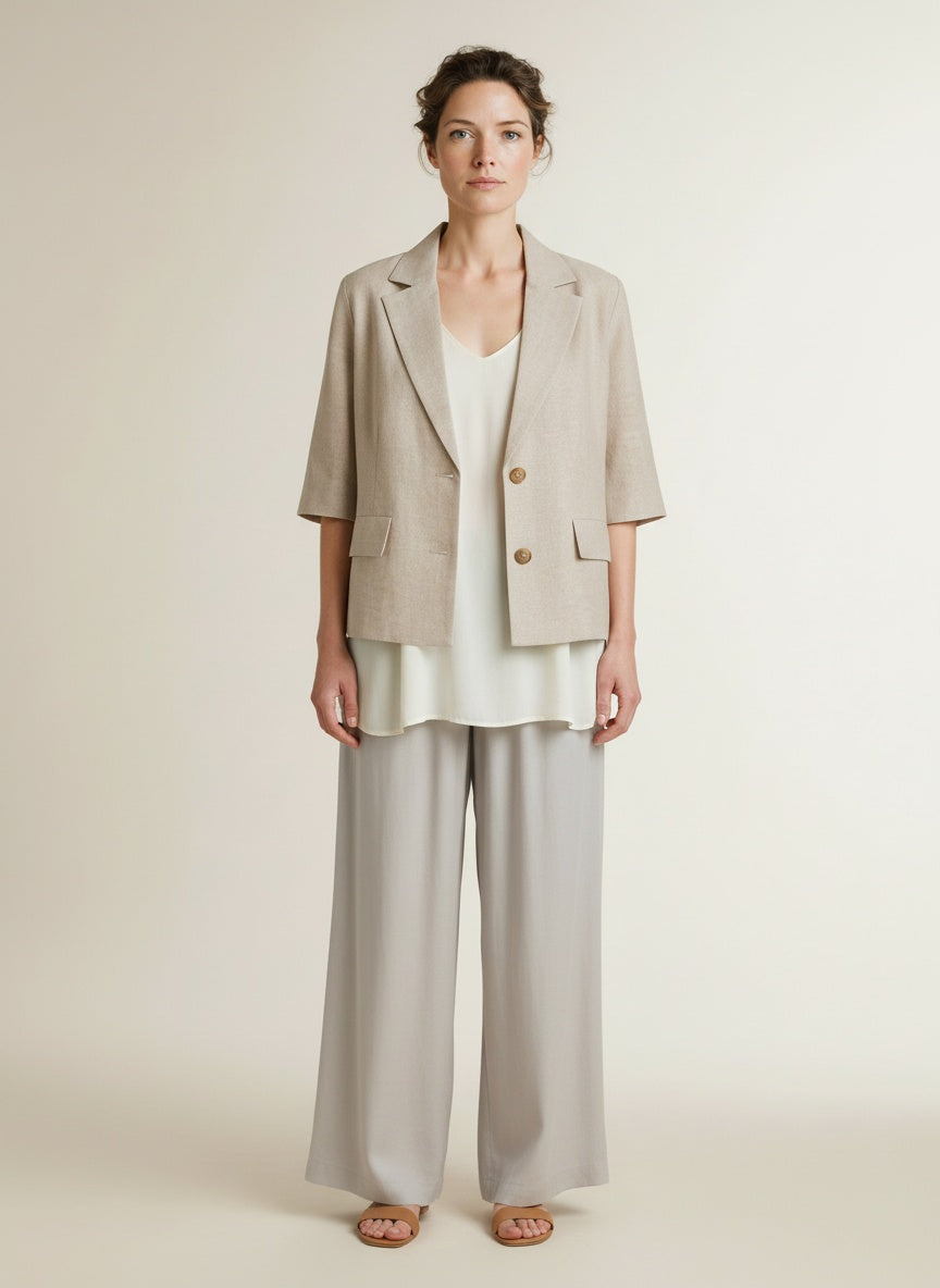 Full body view of the model wearing Red Button Blazer Linen/visco Melange Pebble