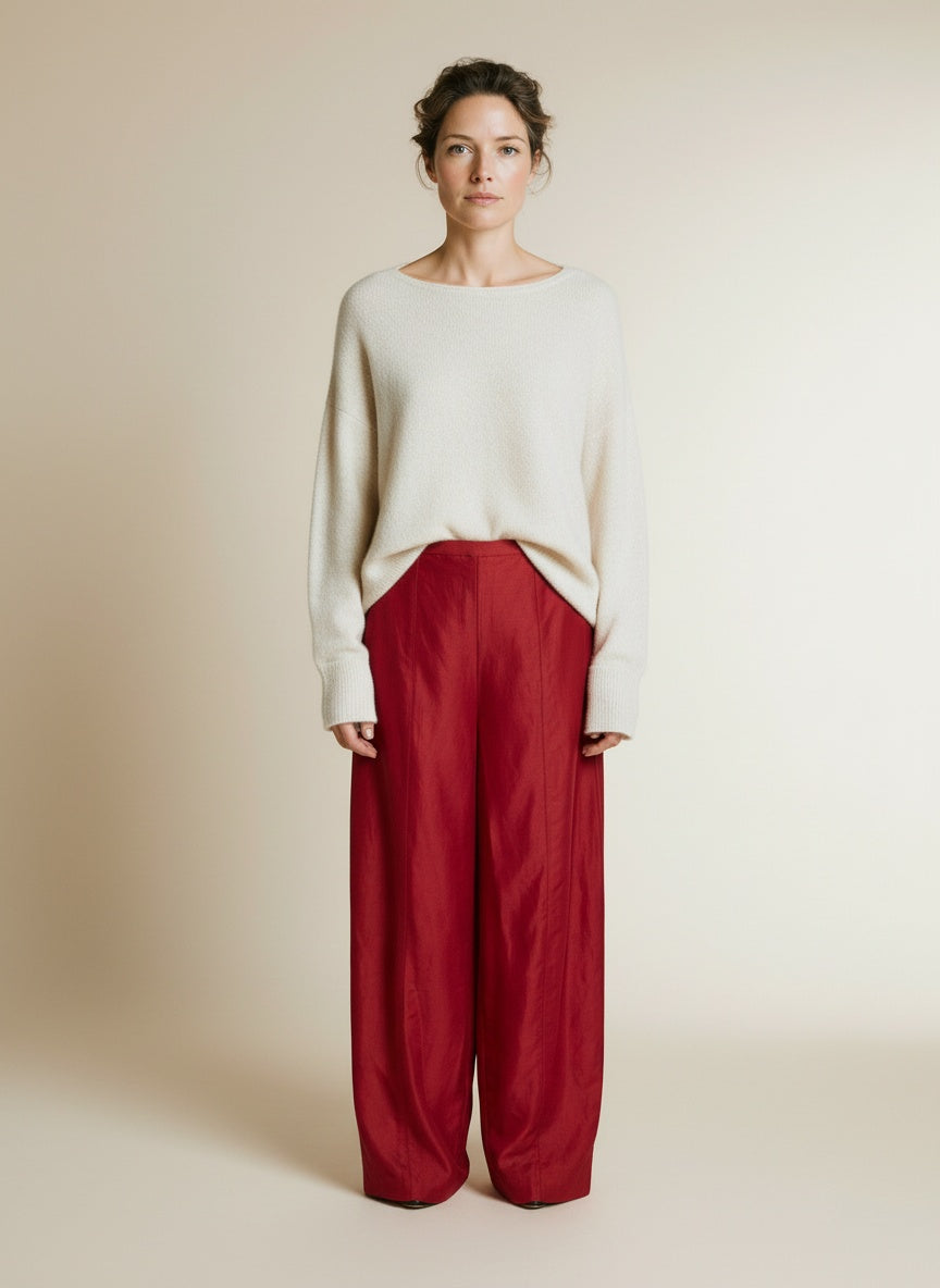Full body view of the model wearing Msch Copenhagen Mschgraciela Franciska Hw Pant Rhubarb