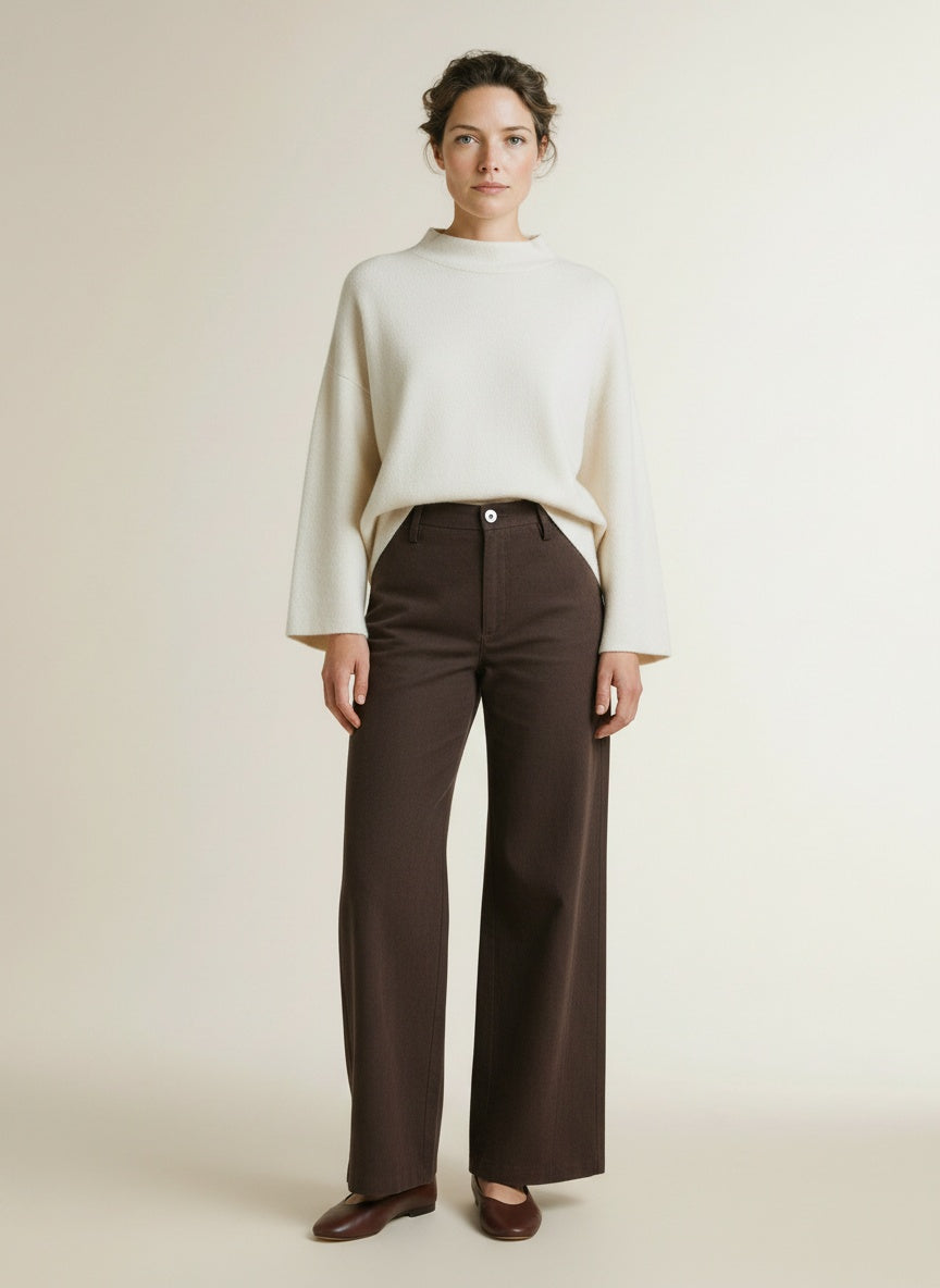 Full body view of the model wearing Mac New Orleans Jeans Bitter Chocolate