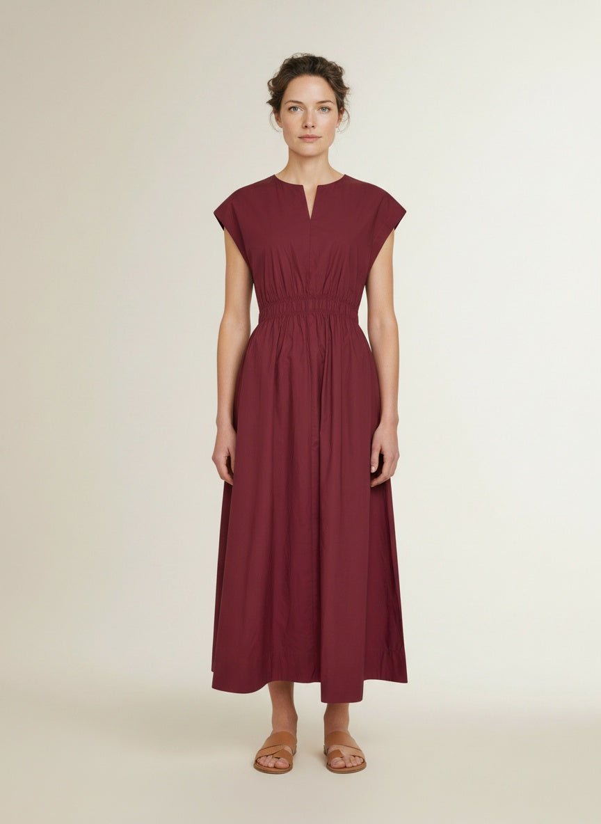 Full body view of the model wearing Msch Copenhagen Mschwiliane Sl Dress Rhubarb