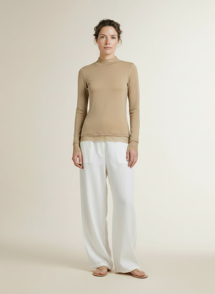 Full body view of the model wearing Yaya Long Sleeve Top With Lace Edges Cornstalk Brown