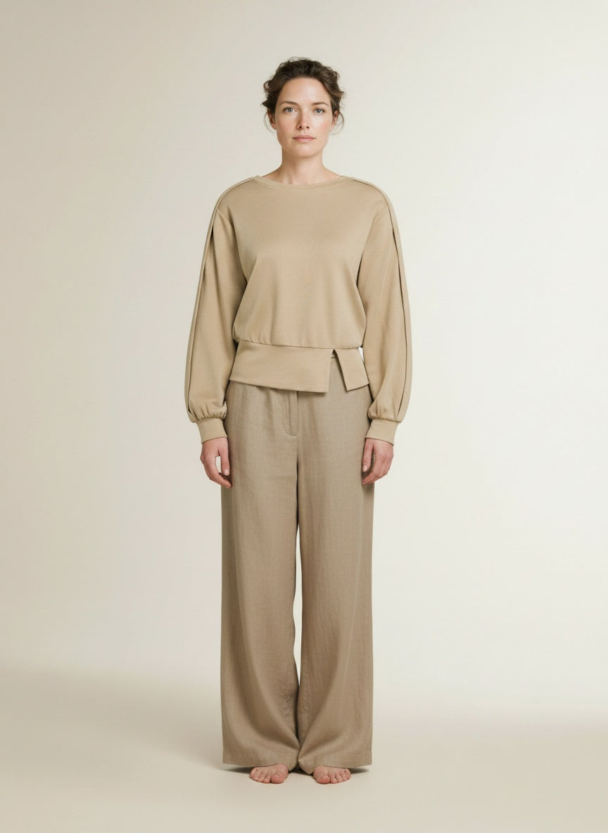 Full body view of the model wearing Yaya Light Weight Sweatshirt With Folded Detail Cornstalk Brown