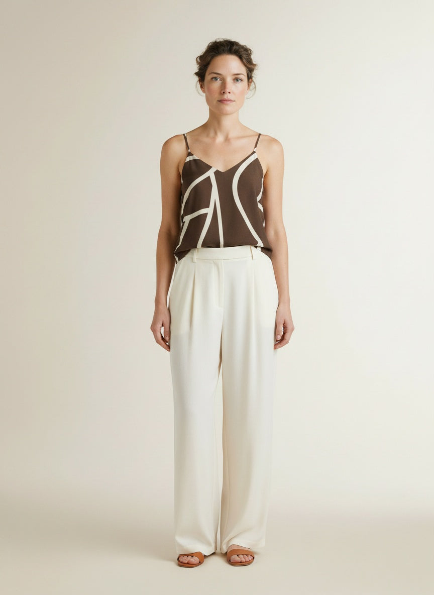 Full body view of the model wearing Yaya Printed Singlet With V-neck Chocolate Martini Brown Des