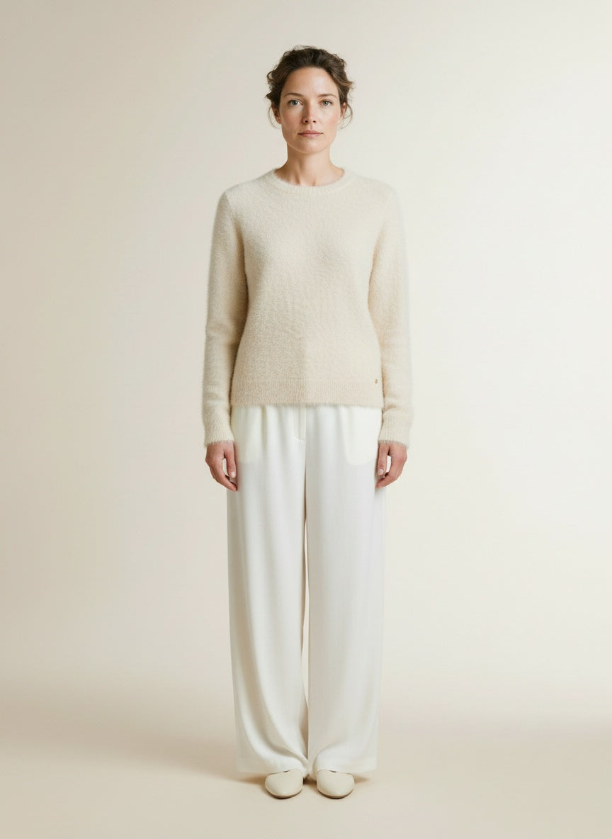 Full body view of the model wearing Red Button Sweet Fuzzy Cream