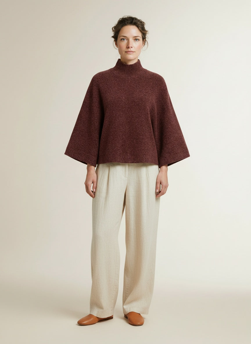 Full body view of the model wearing Yaya Wide Sleeve High Neck Sweater Bitter Chocolate Red Melange