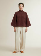 Full body view of the model wearing Yaya Wide Sleeve High Neck Sweater Bitter Chocolate Red Melange