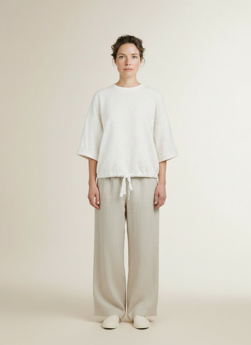 Full body view of the model wearing Yaya Sweatshirt With Rolled Cuffs And Cord Ivory White Melange