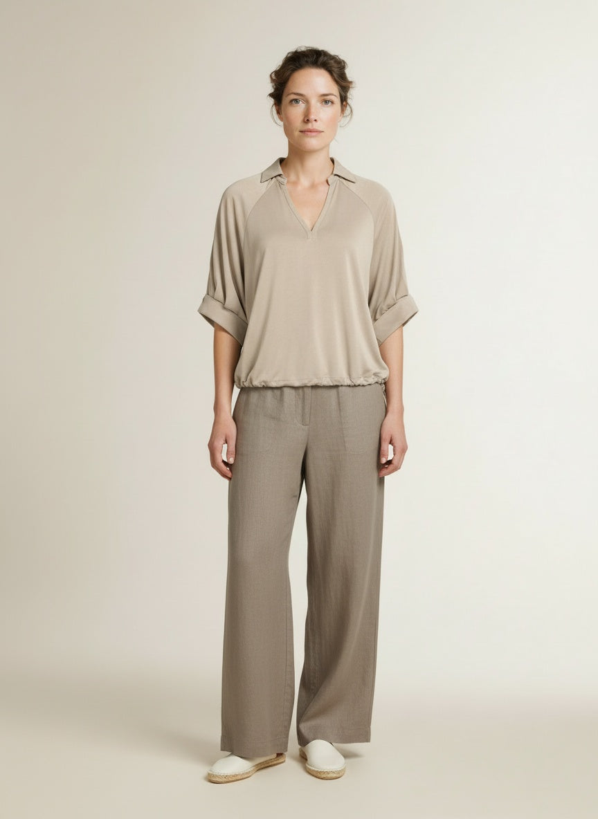 Full body view of the model wearing Yaya Jersey Top With Pleated Sleeves Crockery Brown