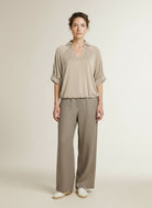 Full body view of the model wearing Yaya Jersey Top With Pleated Sleeves Crockery Brown