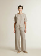 Full body view of the model wearing Red Button Skyler Linen/visc Pinstripe Pebble