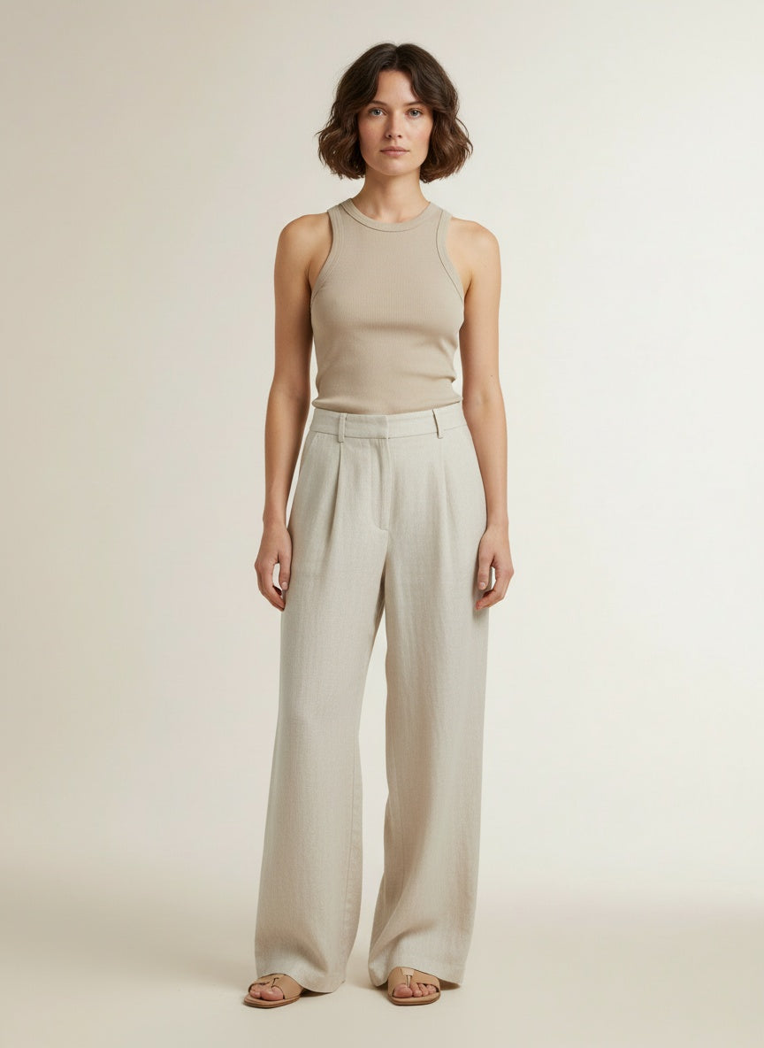 Full body view of the model wearing Yaya Singlet With Stitched Detailing Crockery Brown