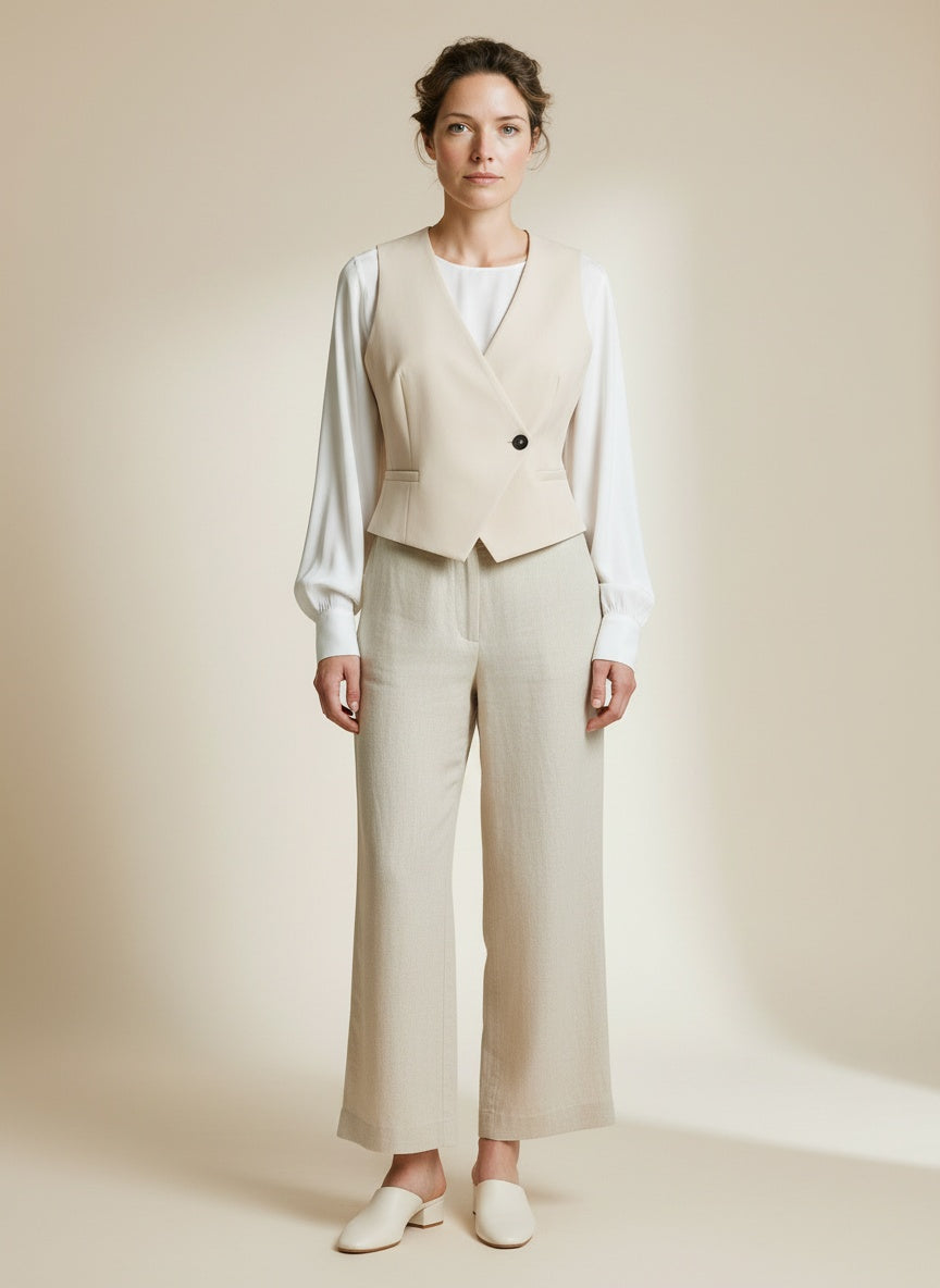 Full body view of the model wearing Yaya Gilet With Asymmetrical Closure Cloud Creme White