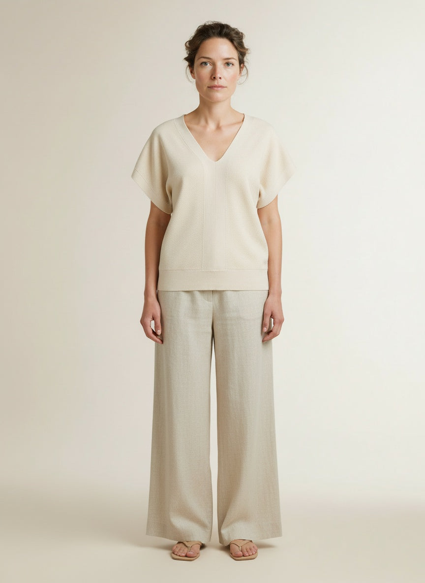 Full body view of the model wearing Yaya Short-sleeved Sweater With Double V-neck Creme Beige