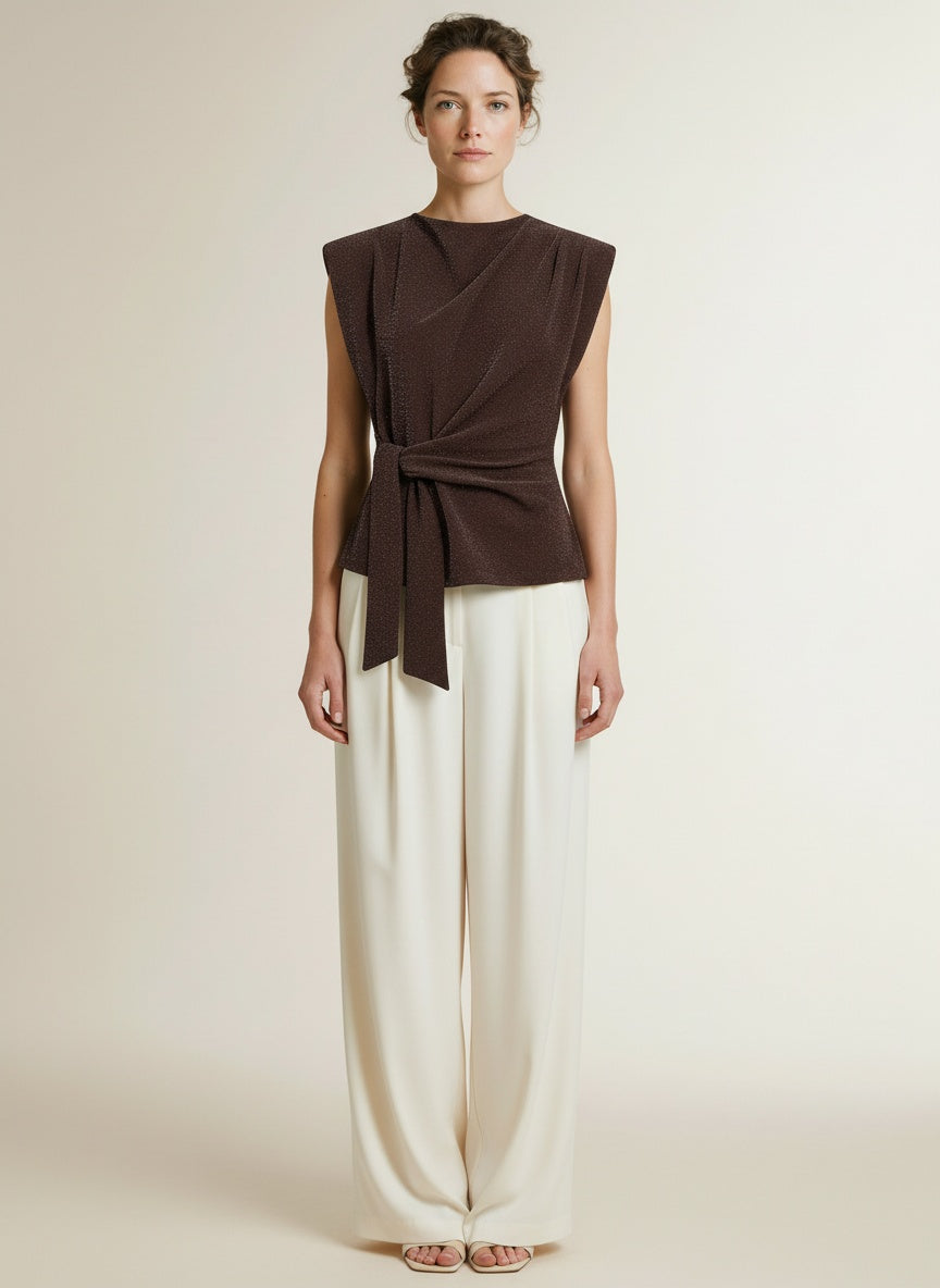 Full body view of the model wearing Co'couture Esticc Pleat Top Bison