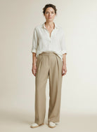 Full body view of the model wearing Yaya Woven Wide Leg Trousers A-sym Fly Pure Cashmere Grey Melange