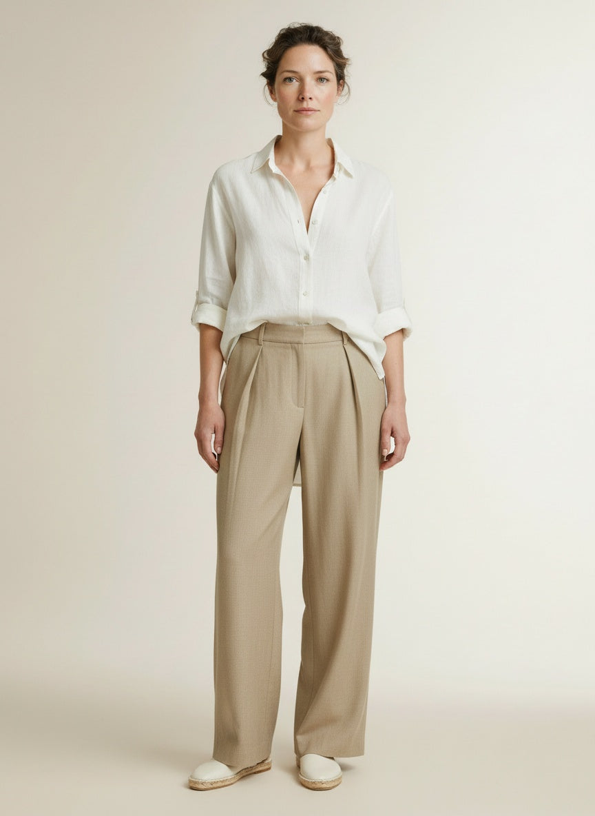 Full body view of the model wearing Yaya Woven Wide Leg Trousers A-sym Fly Pure Cashmere Grey Melange