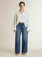 Full body view of the model wearing Mos Mosh Mmdarta Foster Jeans L30 401 Blue
