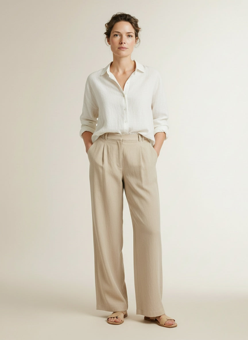 Full body view of the model wearing Yaya Woven Wide Leg Trousers With Pleats L32 Crockery Brown