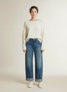 Full body view of the model wearing Mac Baggy Jeans Blueish Green Tinted