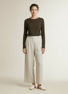 Full body view of the model wearing Yaya Long Sleeve Top With Lace Cuff Delicioso Brown