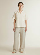 Full body view of the model wearing Yaya Top With Short Sleeves And Polo Collar Cloud Creme White