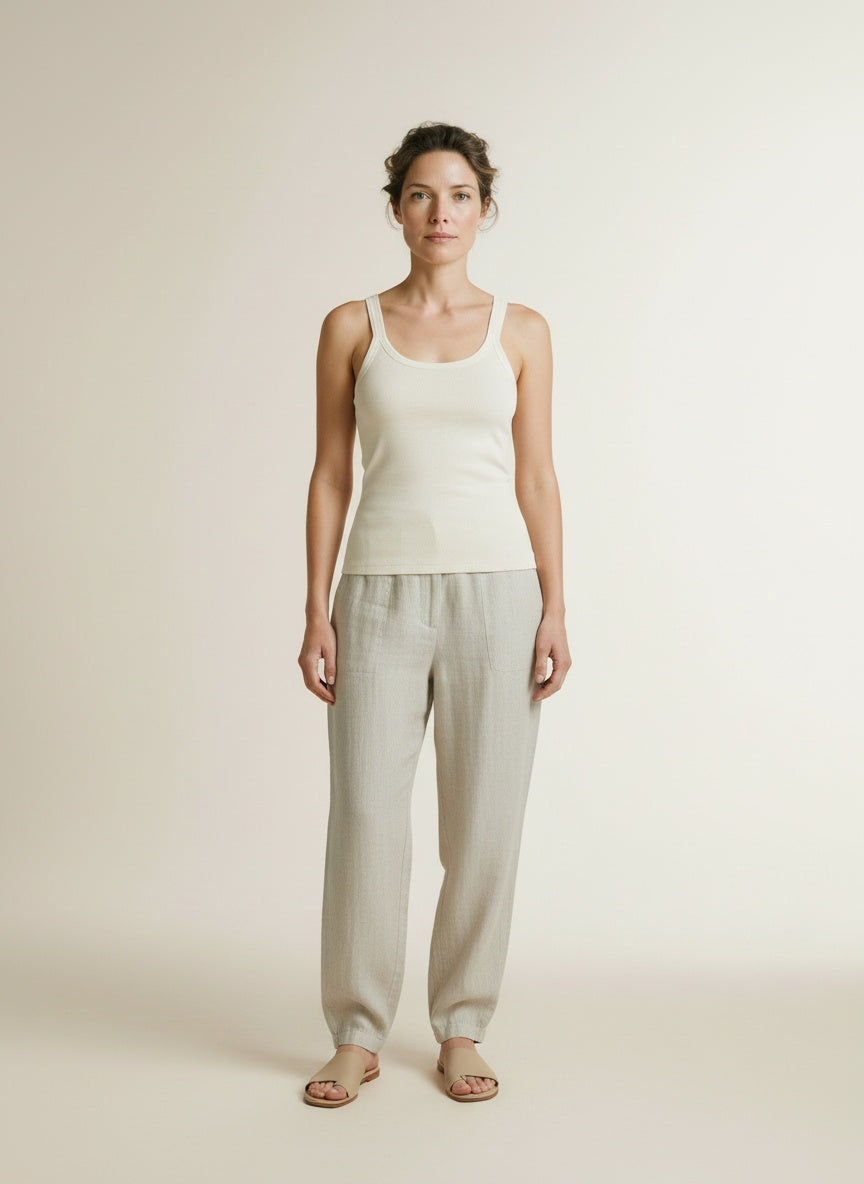 Full body view of the model wearing Yaya Singlet With Mesh Detail Creme Beige