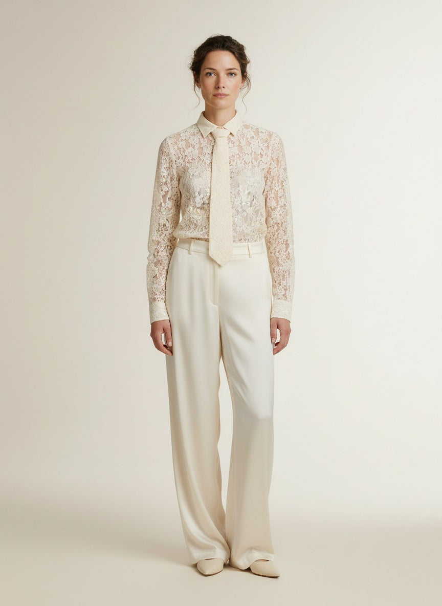 Full body view of the model wearing Mos Mosh Mmkether Lace Tie Shirt 180 Ecru