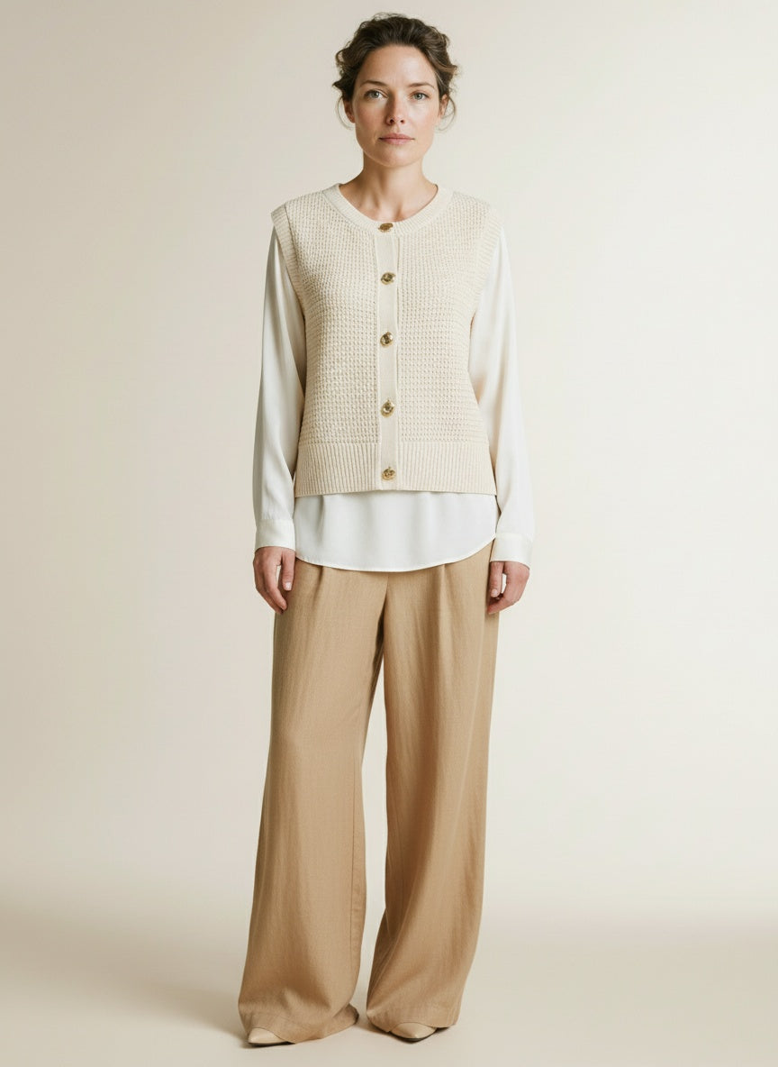 Full body view of the model wearing Yaya Sleeveless Textured Cardigan Gold-t Button Creme Beige