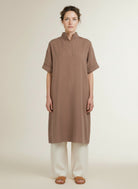 Full body view of the model wearing Yaya Dress With Short Sleeves And Polo Collar Brownie Brown