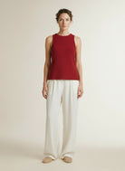 Full body view of the model wearing Msch Copenhagen Mschcharlitta Sl Top Rhubarb