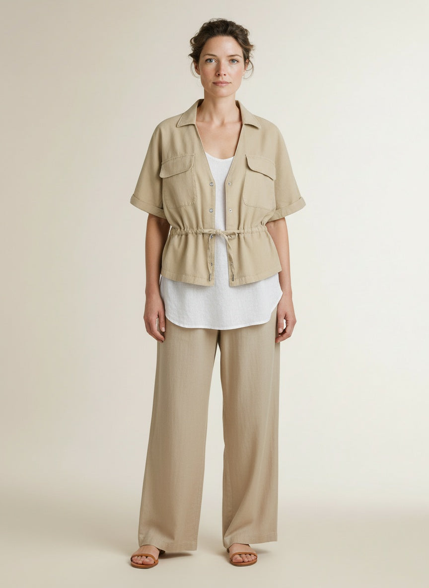 Full body view of the model wearing Red Button Drew Drawstring Co/linen Pebble