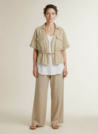 Full body view of the model wearing Red Button Drew Drawstring Co/linen Pebble