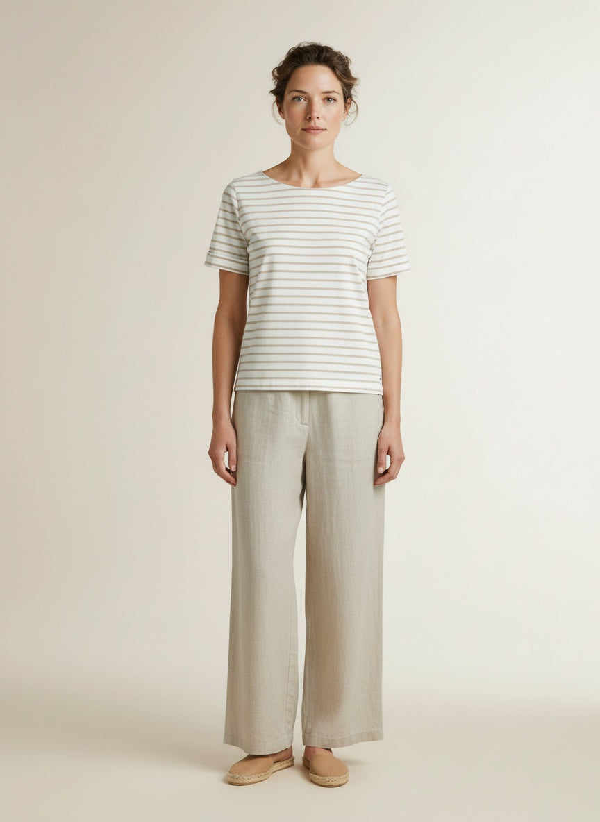 Full body view of the model wearing Red Button Terry Stripe Tee Short Sleeve Pebble