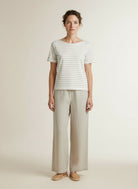 Full body view of the model wearing Red Button Terry Stripe Tee Short Sleeve Pebble