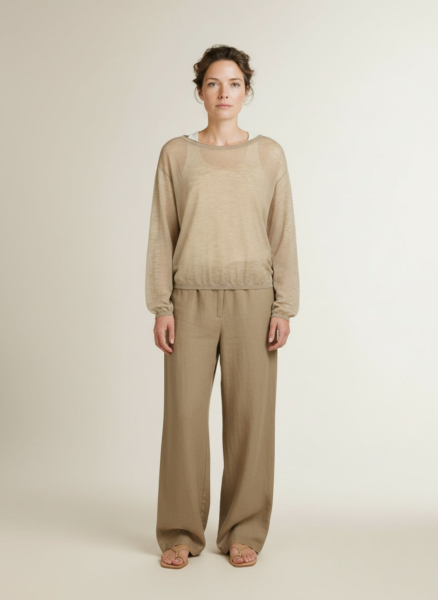Full body view of the model wearing Yaya Twinset Sweater With Matching Singlet Crockery Brown