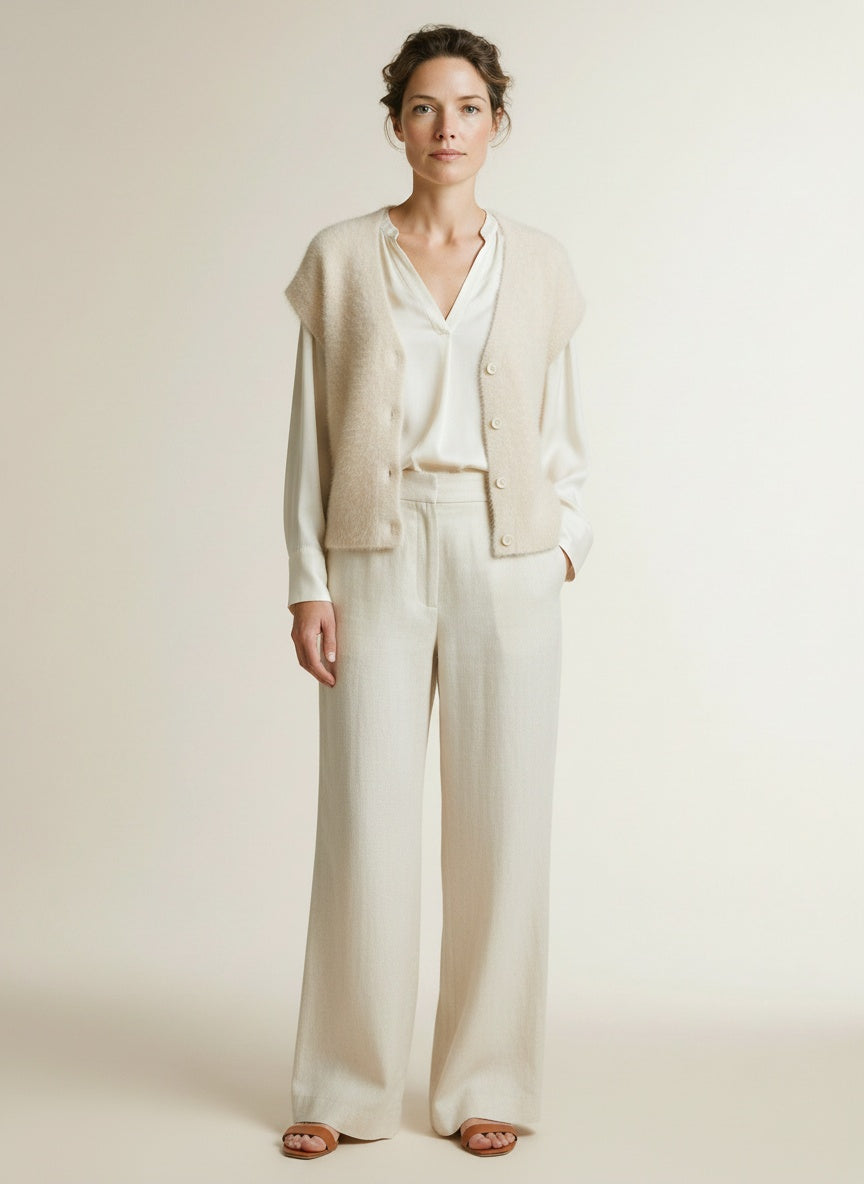 Full body view of the model wearing Red Button Sleeveless Fuzzy Cream
