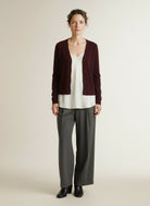 Full body view of the model wearing Red Button Emilie Knit Blazer Burgundy
