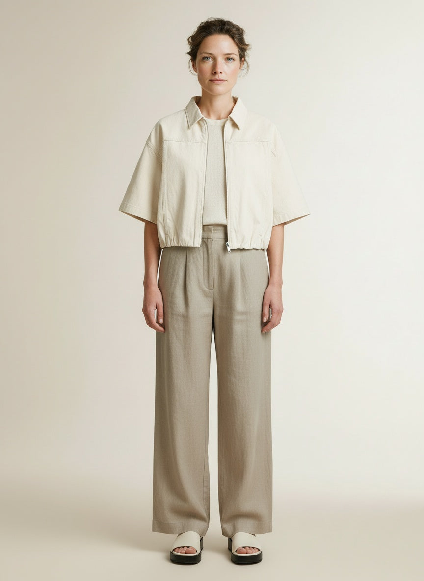 Full body view of the model wearing Yaya Loose-fit Jacket With A Denim Look Cloud Creme White