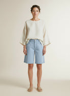 Full body view of the model wearing Red Button Kate Short Fancy Chambray Bleachblue