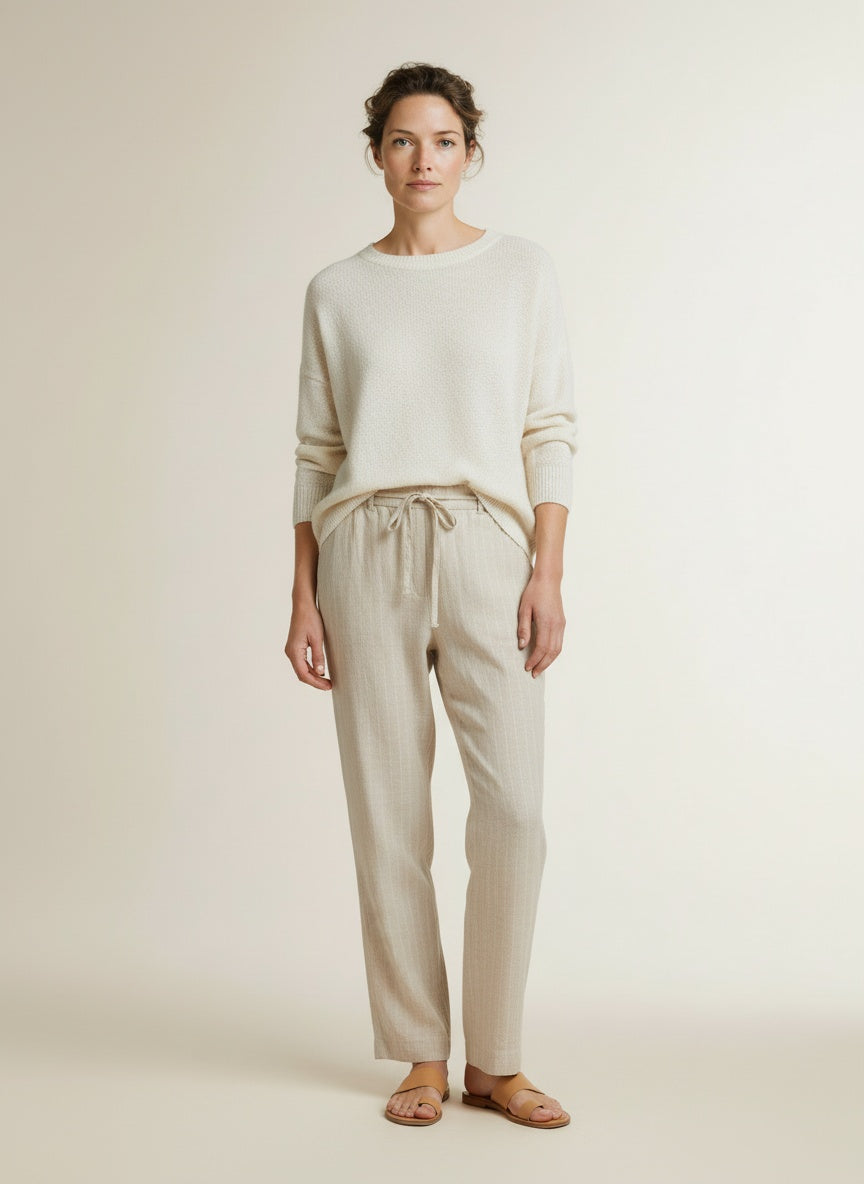 Full body view of the model wearing Red Button Claudette Linen/visco Pinstripe L33 Pebble-l33