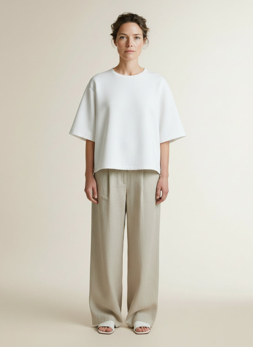 Full body view of the model wearing Msch Copenhagen Mschmaelee Ima Q 2 4 Sweatshir Egret